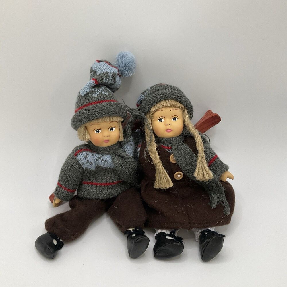 BVintage Norwegian Pair Porcelain Beanbag Boy & Girl Dolls Skiing Winter 12"